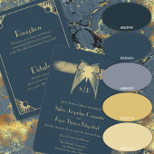 アールデコバタフライモノグラムブルーと金ゴールド結婚ズ 招待状