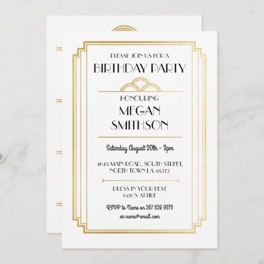 アールデコバースデーパーティー1920年代のギャツビー金ゴールド招待状 招待状 (正面/裏面)
