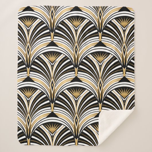 アールデコパターン。ヴィンテージ金ゴールド白黒背景 シェルパブランケット (正面)