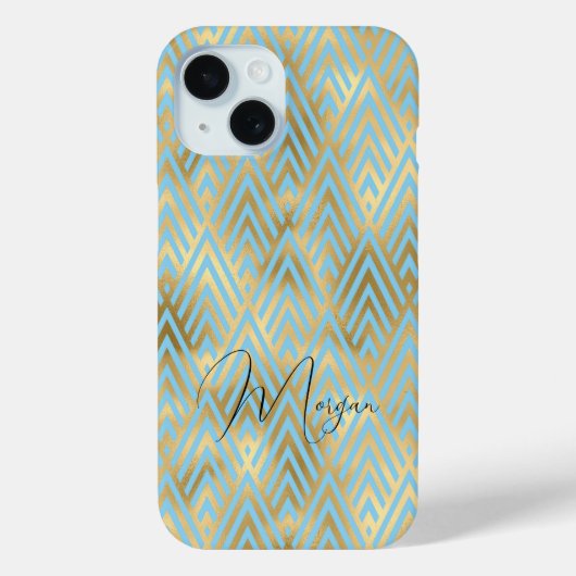アールデコパターン、金ゴールド、ライトブルー、スクリプト名 Case-Mate iPhoneケース (裏面)