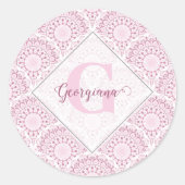 アールデコパーソナライズされたピンク紙吹雪レースマンダラ ラウンドシール (正面)