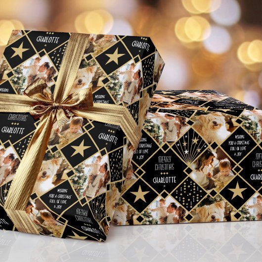 アールデコパーソナライズされた名写真クリスマスブラック ラッピングペーパー