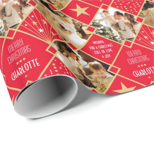 アールデコパーソナライズされた名写真クリスマスレッド ラッピングペーパー (ロールコーナー)