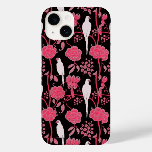 アールデコピンクの花、白いパロットと黒 Case-Mate iPhoneケース (裏面)