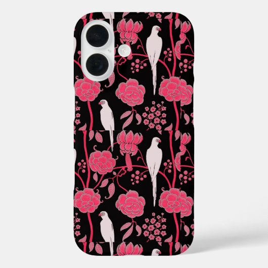 アールデコピンクの花、白いパロットと黒 Case-Mate iPhoneケース (裏面)