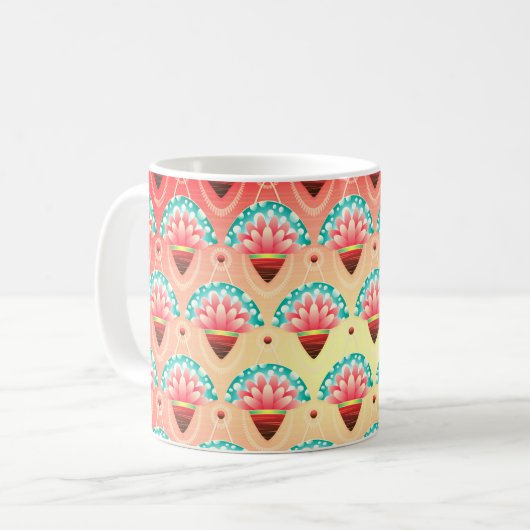 アールデコピンク金ゴールドティール(緑がかった色)花柄かわいい コーヒーマグカップ (正面左)