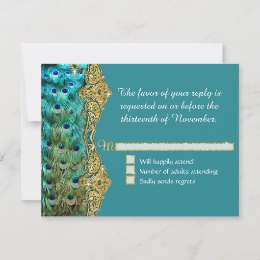 アールデコピーコックグラムオールドハリウッドウェディングRSVP 出欠カード (正面)