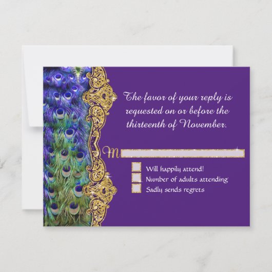 アールデコピーコックグラムオールドハリウッドパープル結婚ズ 出欠カード (正面)