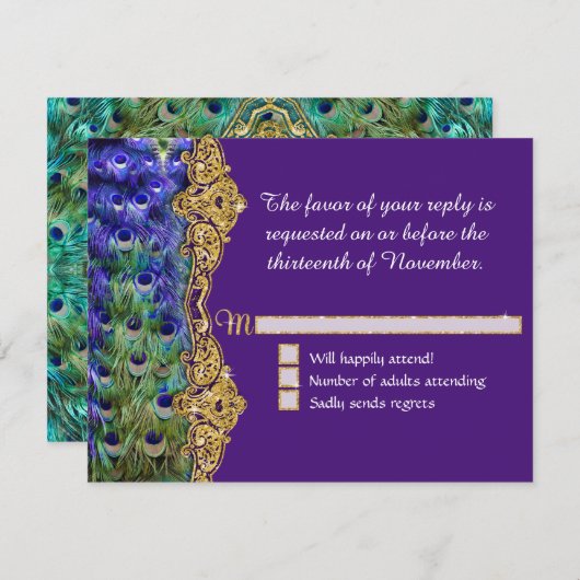 アールデコピーコックグラムオールドハリウッドパープル結婚ズ 出欠カード (正面/裏面)