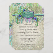 アールデコピーコックフェザーグリッターブライダルシャワー 招待状 (正面/裏面)