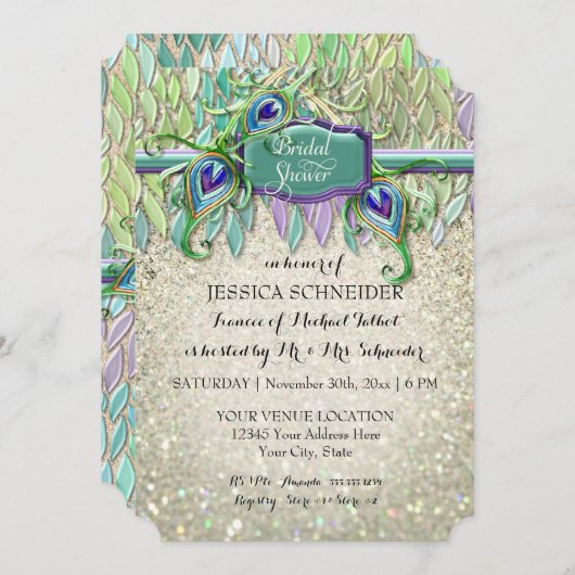 アールデコピーコックフェザーグリッターブライダルシャワー 招待状 (正面/裏面)