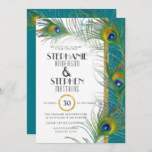 アールデコピーコックフェザー金ゴールドグリッタータイポグラフィ 招待状 (正面/裏面)