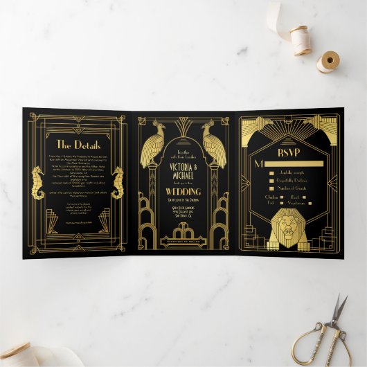 アールデコピーコックライオンシーホース結婚写真 三つ折り招待状 (内部)