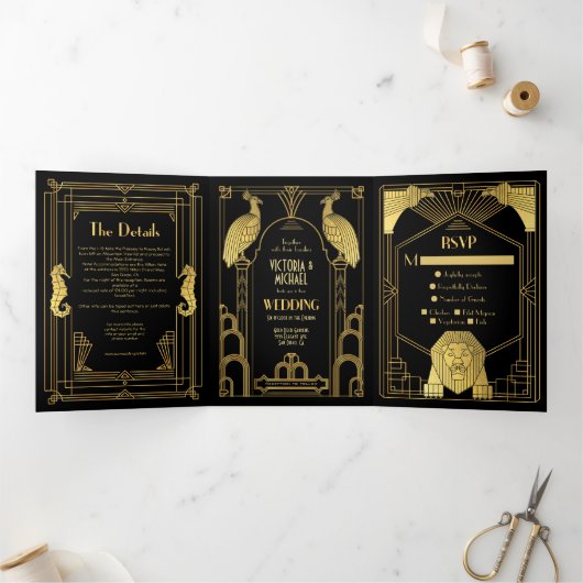 アールデコピーコックライオンシーホース結婚象 三つ折り招待状 (内部)