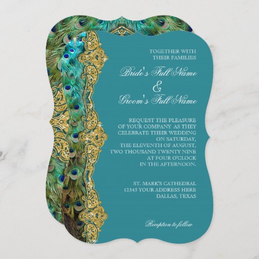 アールデコピーコック金ゴールドグリッターオールドハリウッドギャツビー 招待状 (正面/裏面)