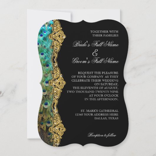 アールデコピーコック金ゴールドグリッターオールドハリウッドギャツビー 招待状 (正面)