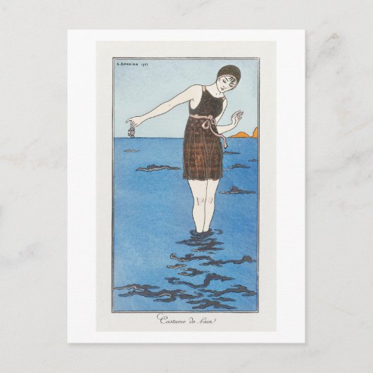 アールデコファッションバービエ水着のプレート ポストカード (正面)