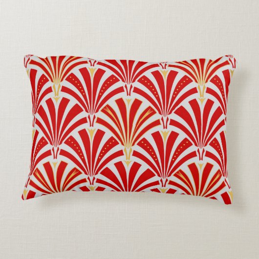アールデコファンパターン – パールグレー上の赤 アクセントクッション (裏面)