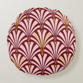 アールデコファンパターン-ピンクおよびバーガンディ ラウンドクッション (正面)