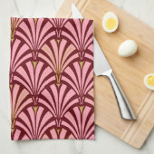 アールデコファンパターン – ピンクとマルーン キッチンタオル (四つ折り)