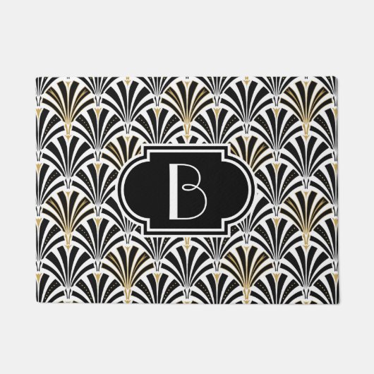 アールデコファンパターン-金ゴールドの白で黒くして下さい ドアマット (正面)