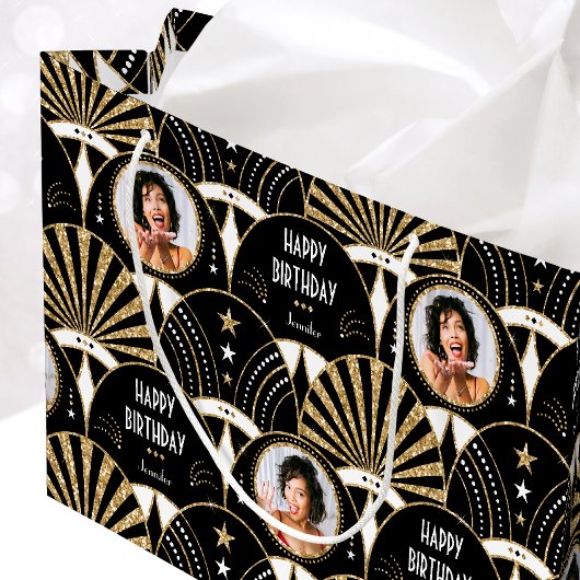 アールデコファン誕生日フェイクグリッターフォトブラック ラージペーパーバッグ