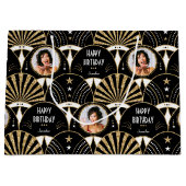 アールデコファン誕生日フェイクグリッターフォトブラック ラージペーパーバッグ (正面)