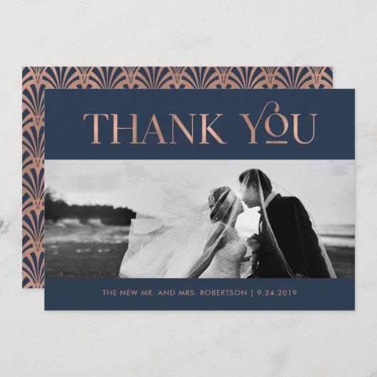 アールデコフェイクバラ金ゴールドオン海軍 | 写真ありがとう サンキューカード (正面/裏面)