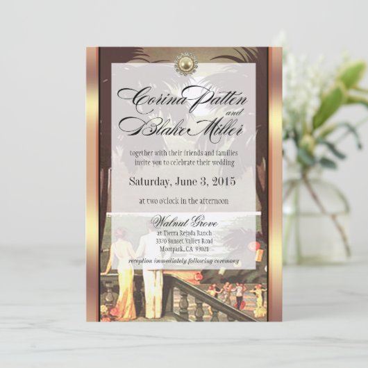 アールデコフェイクベルムメタリックシャンパ結婚ーニュ 招待状 (スタンド正面)