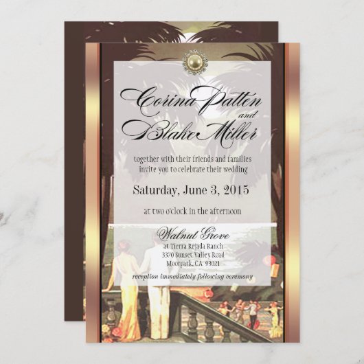 アールデコフェイクベルムメタリックシャンパ結婚ーニュ 招待状 (正面/裏面)