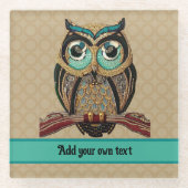 アールデコフクロウと金ゴールド/ターコイズビーズ、独自の文字 ガラスコースター (正面)