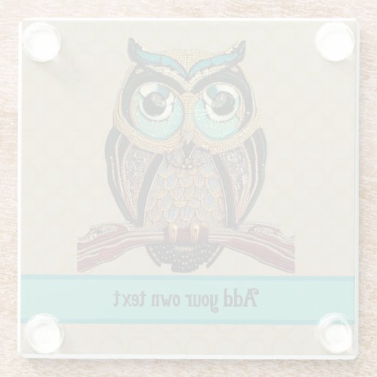 アールデコフクロウと金ゴールド/ターコイズビーズ、独自の文字 ガラスコースター (裏面)