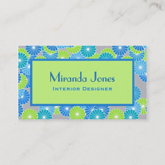 アールデコフラワーズセルレアンブルー&ライムグリーン 名刺 (正面)