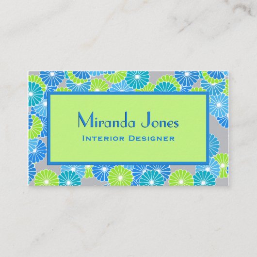アールデコフラワーズセルレアンブルー&ライムグリーン 名刺 (正面)