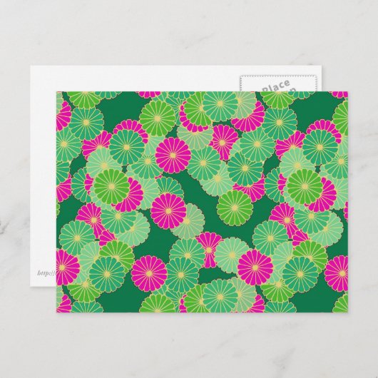 アールデコフラワーパターン – 緑の色合い、明るい赤紫色 ポストカード (正面/裏面)
