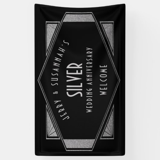 アールデコフレームシルバー記念日の名前ブラック 横断幕 (縦)