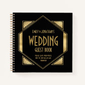 アールデコフレーム金ゴールド結婚ブラックズゲストブック ノートブック (正面)
