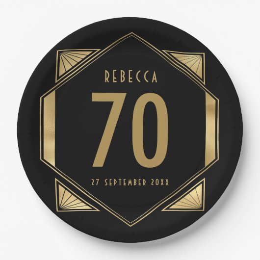 アールデコフレーム70番目の誕生日名日付 ペーパープレート (正面)