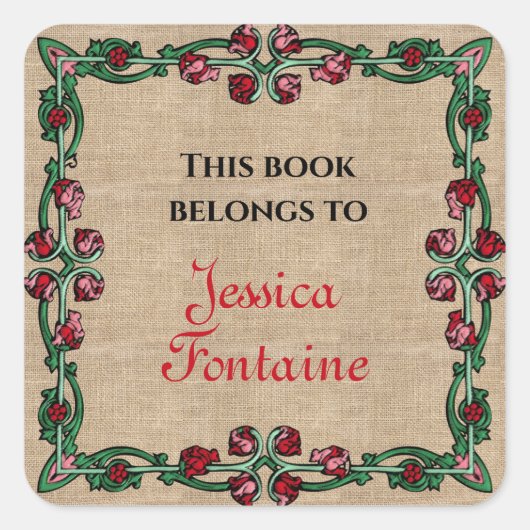 アールデコフローラフレーム赤ピンクグリーンパーソナライズされた スクエアシール (正面)