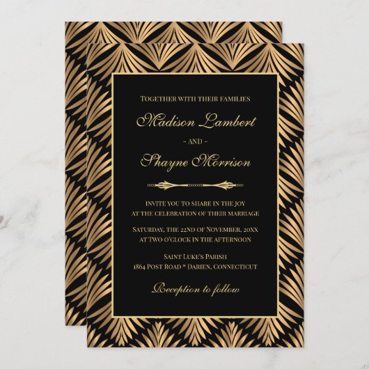 アールデコフローラブラック素晴らし金ゴールド結婚ギャツビー 招待状 (正面/裏面)
