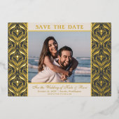 アールデコフローラロータスウェディング日付金ゴールドの保存 箔招待状 (正面)