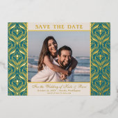 アールデコフローラロータスウェディング日付金ゴールドの保存 箔招待状 (正面)