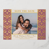 アールデコフローラロータスウェディング日付金ゴールドの保存 箔招待状 (正面)