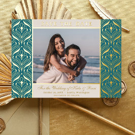 アールデコフローラロータスウェディング日付金ゴールドの保存 箔招待状