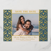 アールデコフローラロータスウェディング日付金ゴールドの保存 箔招待状 (正面)