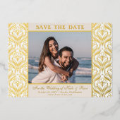 アールデコフローラロータスウェディング日付金ゴールドの保存 箔招待状 (正面)