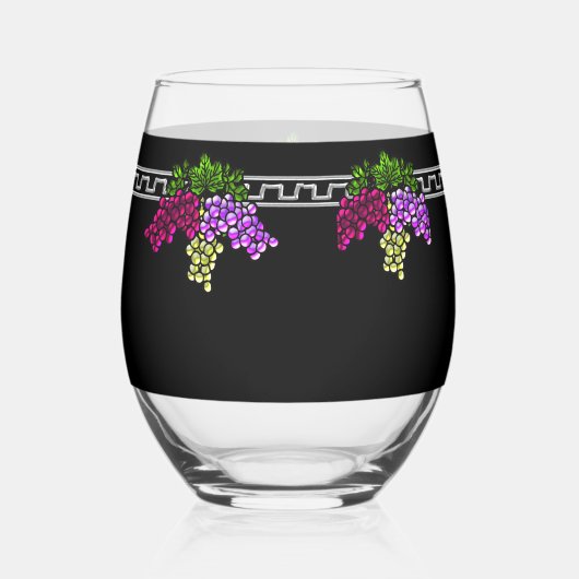アールデコブドウ – 黒、銀、紫モノグラムの色 ステムなしワイングラス (裏面)