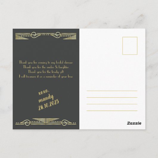 アールデコブライダルシャワーの愛感謝していとあなたの写真 ポストカード (裏面)