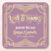 アールデコブライダルシャワーエレガント金ゴールド薄紫レトロ スクエアペーパーコースター (正面)