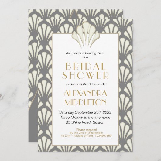 アールデコブライダルシャワーグレー金ゴールドヴィンテージ 招待状 (正面/裏面)